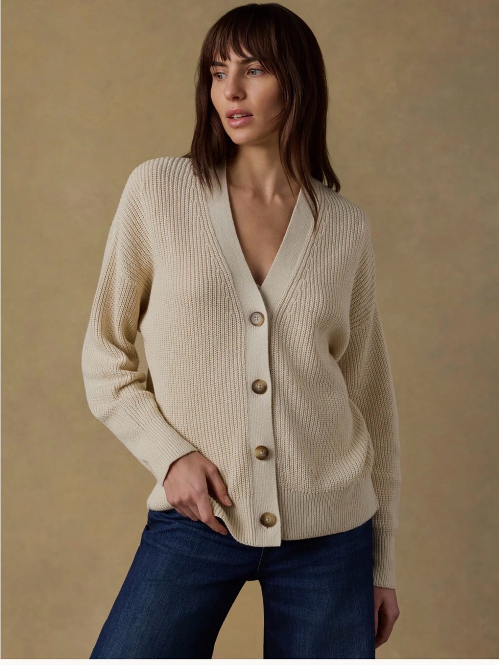 Faherty Cream Ribbed V-Neck Button Cardigan Sweater